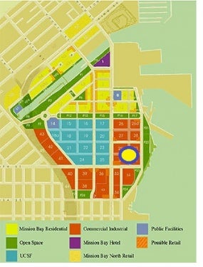 Mission Bay Plan parcel map with Golden State Warriors Arena site